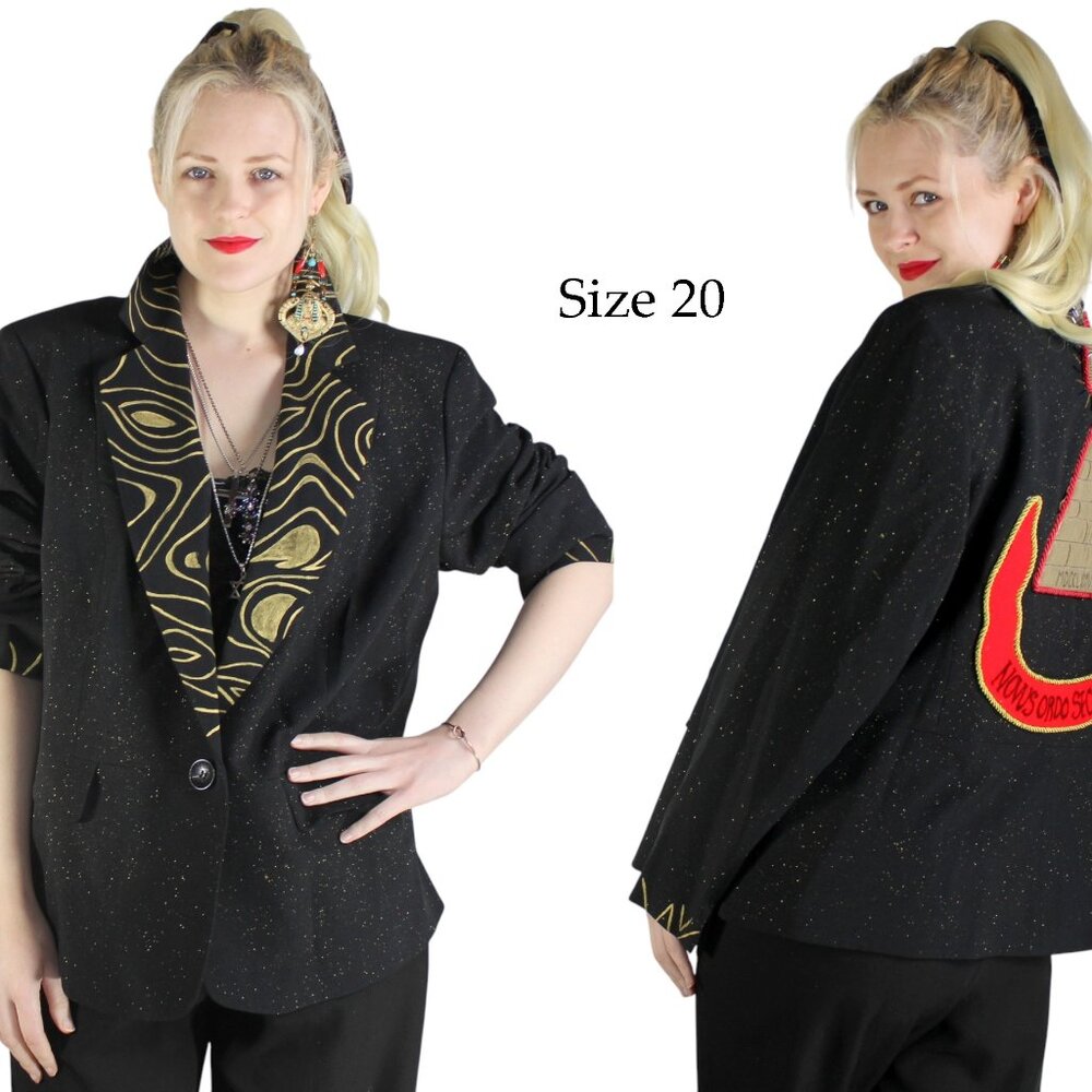 Desperately Seeking 80s Pyramid Style Black Glitter Susan Jacket - Size 20